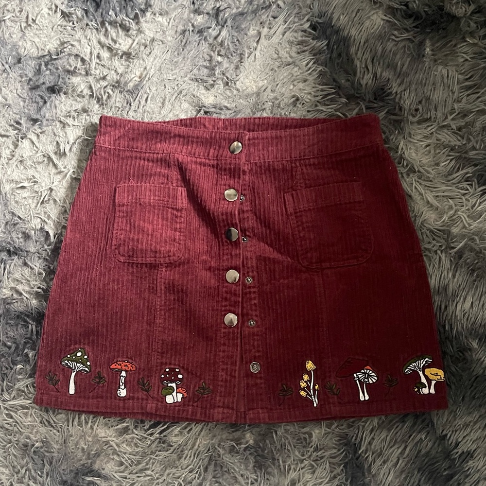 Corduroy Skirt with Snaps Buttons and Mushroom Embellishments - Picture 2 of 10